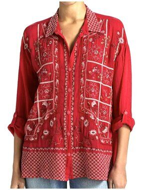 $350 Johnny Was Audrey Red Floral Embroidered Shirt Top Small New